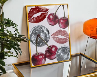 Arte mural de cereza disco rosa: Impresión retro de beso (descarga digital)