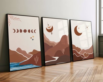 Boho Moon Art Prints: Abstract Desert Mountain Wall Art Set (Digital Download)