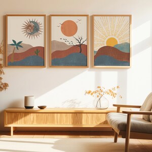 Boho Wall Decor, Boho Sun Prints, Boho Sun Art Set of 3, Boho Style Art Prints, Sunshine Print, Printable Wall Art,Digital Prints, Boho Moon wall art, Beige Sun Line Art, Digital Download, Minimalist Print, Wall Art For Living Room, Sun Moon Wall Art