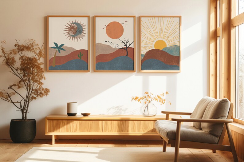 Boho Wall Decor, Boho Sun Prints, Boho Sun Art Set of 3, Boho Style Art Prints, Sunshine Print, Printable Wall Art,Digital Prints, Boho Moon wall art, Beige Sun Line Art, Digital Download, Minimalist Print, Wall Art For Living Room, Sun Moon Wall Art