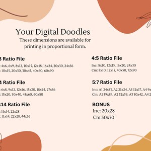 May include: A graphic design template with a peach, brown, and green background. The text "Your Digital Doodles" is at the top of the page. The text below lists different file sizes and dimensions in inches and centimeters for digital doodles.