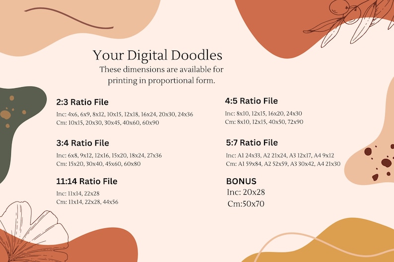 May include: A graphic design template with a peach, brown, and green background. The text "Your Digital Doodles" is at the top of the page. The text below lists different file sizes and dimensions in inches and centimeters for digital doodles.