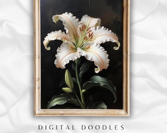 White Lily Wall Art Printable, Vintage Floral Oil Painting Print, Instant Download
