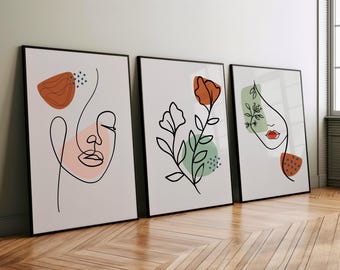 Boho Line Art Prints: Woman Face, Floral Set of 3 (Digital Download)