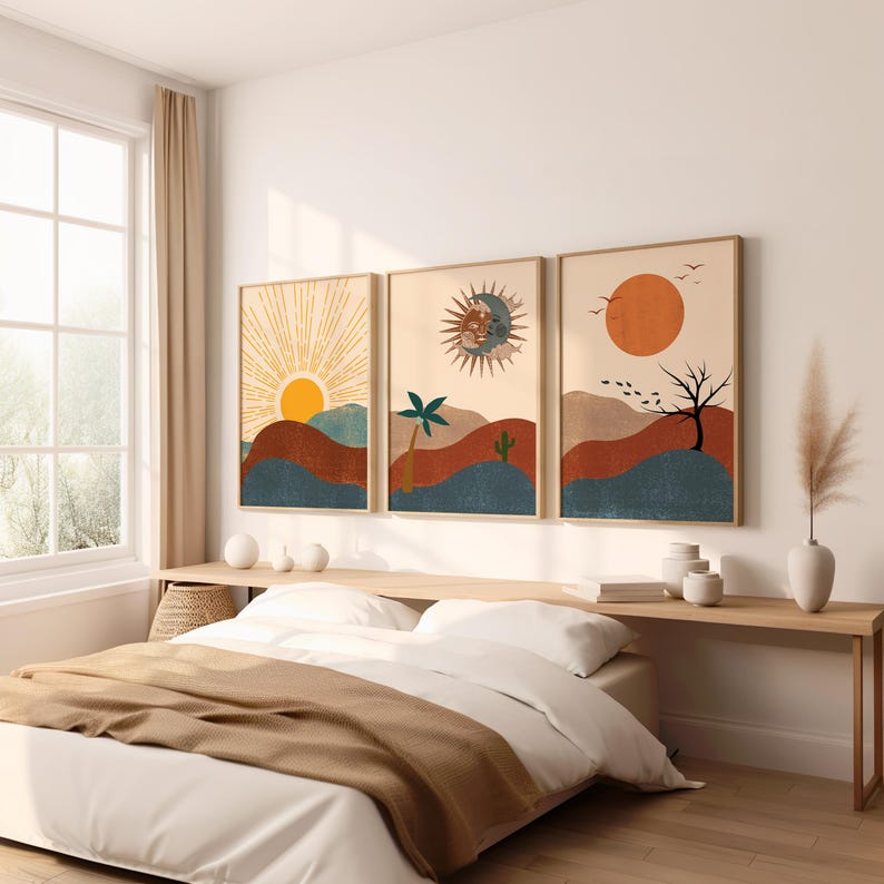 Boho Wall Decor, Boho Sun Prints, Boho Sun Art Set of 3, Boho Style Art Prints, Sunshine Print, Printable Wall Art,Digital Prints, Boho Moon wall art, Beige Sun Line Art, Digital Download, Minimalist Print, Wall Art For Living Room, Sun Moon Wall Art