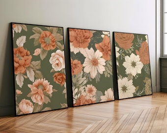 Groene botanische print, set van 3, vintage bloemenprints, wilde bloemenprint