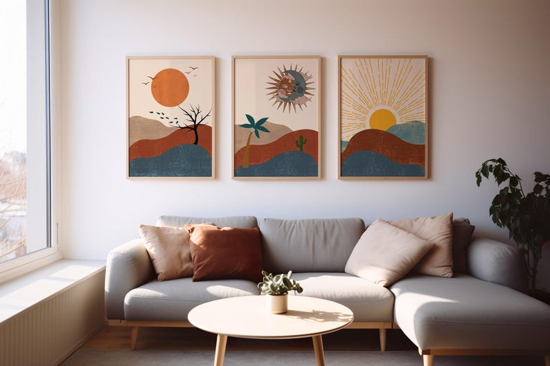 Boho Wall Decor, Boho Sun Prints, Boho Sun Art Set of 3, Boho Style Art Prints, Sunshine Print, Printable Wall Art,Digital Prints, Boho Moon wall art, Beige Sun Line Art, Digital Download, Minimalist Print, Wall Art For Living Room, Sun Moon Wall Art