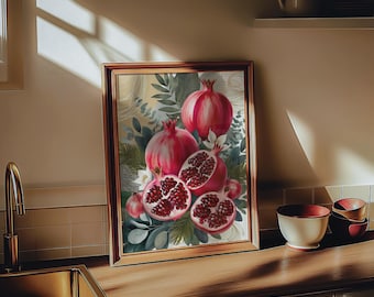 May include: A framed watercolor print featuring pomegranates. The artwork depicts whole and halved pomegranates with visible seeds, surrounded by green leaves and white flowers. The pomegranates are a vibrant red color, set against a neutral background.