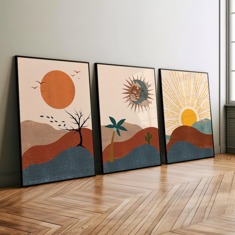 Boho Wall Decor, Boho Sun Prints, Boho Sun Art Set of 3, Boho Style Art Prints, Sunshine Print, Printable Wall Art,Digital Prints, Boho Moon wall art, Beige Sun Line Art, Digital Download, Minimalist Print, Wall Art For Living Room, Sun Moon Wall Art