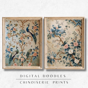 Chinoiserie Peacock Wall Art Set – Bird Decor, Vintage-Style Wall Prints, Digital Download, Light Blue Peacock Wall Art Set of 2
