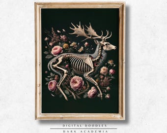 Deer Skeleton Floral Print: Dark Academia Gothic Wall Art (Digital Download)