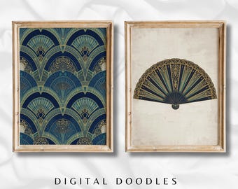 Art Deco Fan Print Set: Blue & Gold Geometric Wall Art (Digital Download)