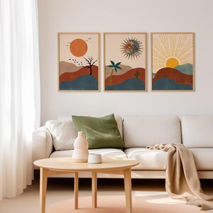 Boho Wall Decor, Boho Sun Prints, Boho Sun Art Set of 3, Boho Style Art Prints, Sunshine Print, Printable Wall Art,Digital Prints, Boho Moon wall art, Beige Sun Line Art, Digital Download, Minimalist Print, Wall Art For Living Room, Sun Moon Wall Art