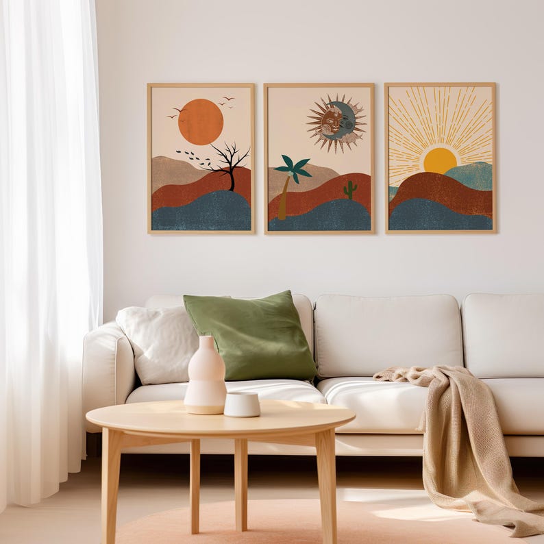 Boho Wall Decor, Boho Sun Prints, Boho Sun Art Set of 3, Boho Style Art Prints, Sunshine Print, Printable Wall Art,Digital Prints, Boho Moon wall art, Beige Sun Line Art, Digital Download, Minimalist Print, Wall Art For Living Room, Sun Moon Wall Art