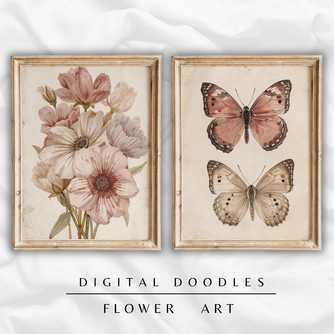 Vintage Botanical & Butterfly Wall Art Set of 2, Antique Flower ...