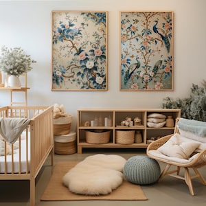 Chinoiserie Peacock Nursery Art Set: Light Blue Bird Prints (Digital Download