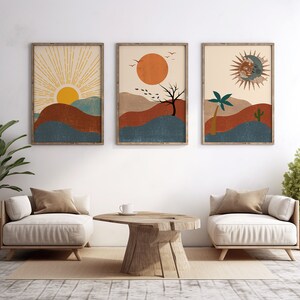 Boho Wall Decor, Boho Sun Prints, Boho Sun Art Set of 3, Boho Style Art Prints, Sunshine Print, Printable Wall Art,Digital Prints, Boho Moon wall art, Beige Sun Line Art, Digital Download, Minimalist Print, Wall Art For Living Room, Sun Moon Wall Art