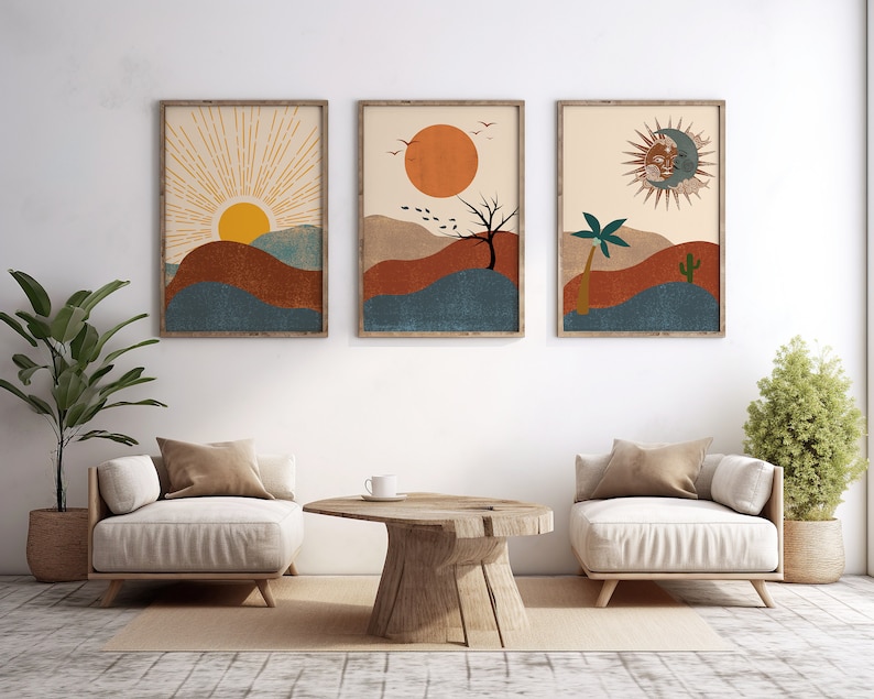 Boho Wall Decor, Boho Sun Prints, Boho Sun Art Set of 3, Boho Style Art Prints, Sunshine Print, Printable Wall Art,Digital Prints, Boho Moon wall art, Beige Sun Line Art, Digital Download, Minimalist Print, Wall Art For Living Room, Sun Moon Wall Art