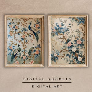 Chinoiserie Pfau Drucke - Florale Wandkunst im Vintage-Stil (2er-Set) (digitaler Download)