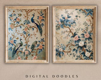 Chinoiserie Peacock Prints – Vintage-Style Floral Wall Art (Set of 2) (Digital Download)