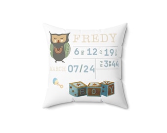 Personalized Birth Pillow and Cover | Woodland Pillow | Gift For Baby shower | Custom Pillow | Square Pillow and Case | Birth Pillow Square