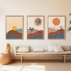 Boho Wall Decor, Boho Sun Prints, Boho Sun Art Set of 3, Boho Style Art Prints, Sunshine Print, Printable Wall Art,Digital Prints, Boho Moon wall art, Beige Sun Line Art, Digital Download, Minimalist Print, Wall Art For Living Room, Sun Moon Wall Art