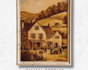 Vintage Farmhouse Wall Art Printable, Antique Pastoral Painting, Digital Download