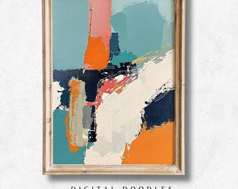 Abstract Wall Art Print, Teal Orange Navy, Modern Vertical Painting for Contemporary Home Decor