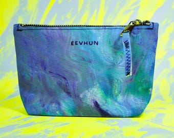 Hand Painted Cotton Canvas Upcycled Utility Colorful Sustainable Unisex Zip Pouch Travel Everyday Carry