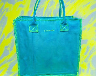 Hand Dyed Blue Patchwork Canvas Tote Bag | Medium Handmade Tote with Contrast Stitching, Upcycled Sustainable Everyday Bag, Genderless Gift