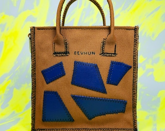 Handmade Brown Cotton Canvas Zipped Tote Bag with Blue Leather Patchwork Design, Structured Handbag with Zipper Closure and Handles
