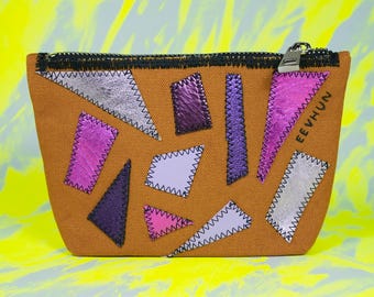Brown Canvas and Pink Purple Leather Geometric Patchwork Handmade Upcycled Utility Mosaic Genderless Pouch