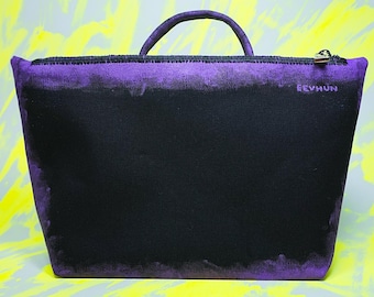 Handmade Black Canvas With Purple Handpainted Design Crossbody Bag With Handle