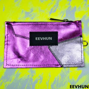 Patchwork Metallic Pink Leather Wallet | Compact Zippered Wallet, Hot Pink & Rose Nappa Leather, Upcycled Handmade Leather Minimalist Wallet