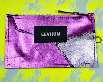 Patchwork Metallic Pink Leather Wallet | Compact Zippered Wallet, Hot Pink & Rose Nappa Leather, Upcycled Handmade Leather Minimalist Wallet