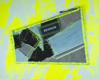 Flat Pouch Wallet in Denim Patchwork | Handmade Upcycled Denim Pencil Case, Makeup Bag, Coin Purse, Sustainable Gift, Unisex Zipper Pouch.