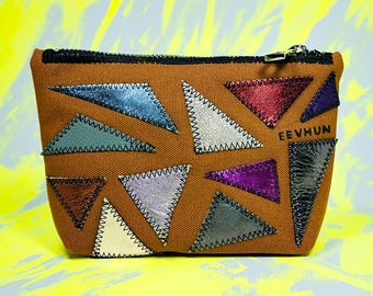 Brown Canvas and Leather Colorful Triangles Patchwork Handmade Upcycled Utility Mosaic Multicolor Genderless Pouch