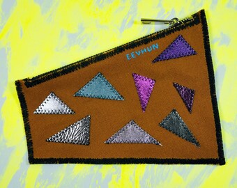 Handmade Brown Canvas Pouch | Leather Triangles Sewn on Canvas Pencil Case, Hand Painted Logo Zip Wallet, Upcycled Unisex Geometric Pouch
