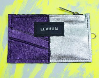 Purple and Silver Patchwork Leather Minimalist Wallet | Compact Zippered Wallet | Silver & Purple Nappa Leather | Upcycled, Handmade, Unique