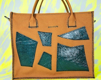 Medium Tote Bag in brown cotton canvas and deep green leather scraps design unisex upcycled structured bag