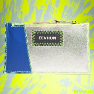 Portafoglio in pelle patchwork blu e argento – Fatto a mano con ritagli di pelle riciclata – Porta carte e portamonete