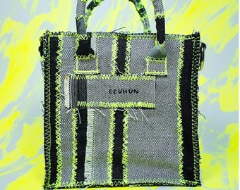 Handmade Denim Patchwork Striped Black Tote Bag | Small Structured Handbag with Zipper Closure | Upcycled Jeans Unisex Crossbody Tote Bag