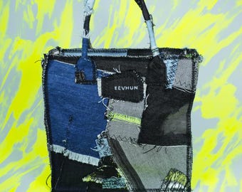 Handmade Patchwork Denim MIDI Tote Bag | Upcycled Denim Structured Crossbody Bag, Handmade Handbag, Everyday Bag,