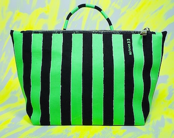 Handmade Black Canvas With Mint Green Striped Handpainted Design Crossbody Bag With Handle