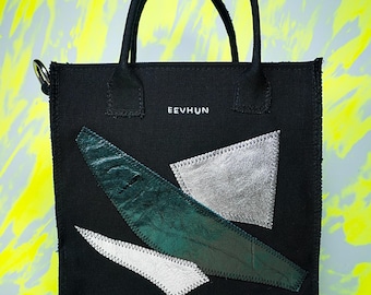 Handmade Black Canvas Tote Bag with Green and Silver Leather Details | Small Structured Handbag with Zipper | Upcycled Unisex Crossbody Tote