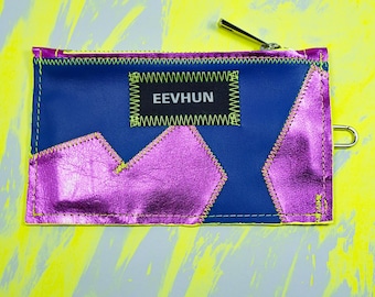 Blue and Fuchsia Patchwork Leather Wallet | Handmade Patchwork Zip Purse, Upcycled Nappa Leather, Compact Unisex Wallet, Sustainable Gift