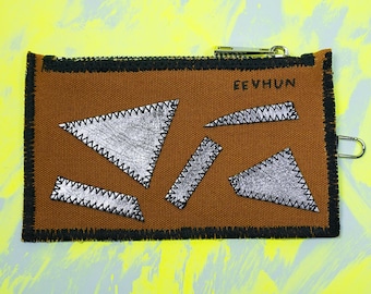 Brown Canvas Leather Patchwork Handmade Minimalist Zip Hook Wallet Card Holder