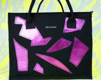Medium Tote Bag in black canvas and Hot Pink leather scraps