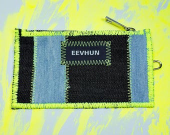 Denim patchwork wallet with contrast stitching | Handmade Denim Patchwork Minimalist Wallet, Denim Card Holder, Zip Wallet with Hook.
