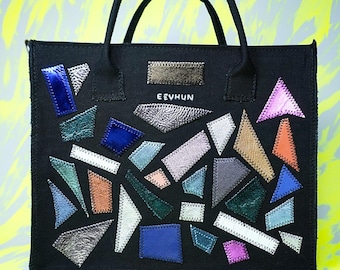 Medium Tote Bag in Black Canvas With Mosaic Leather Details Handmade Genderless Upcycled Unique Design
